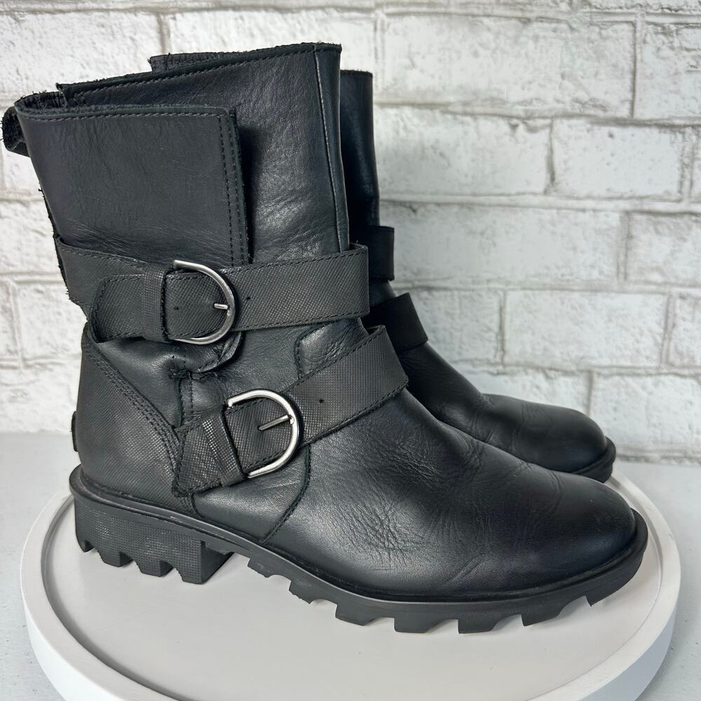 Sorel Black Boots Phoenix Moto Engineer Leather Waterproof Buckle LL3265 8.5 - Picture 2 of 12